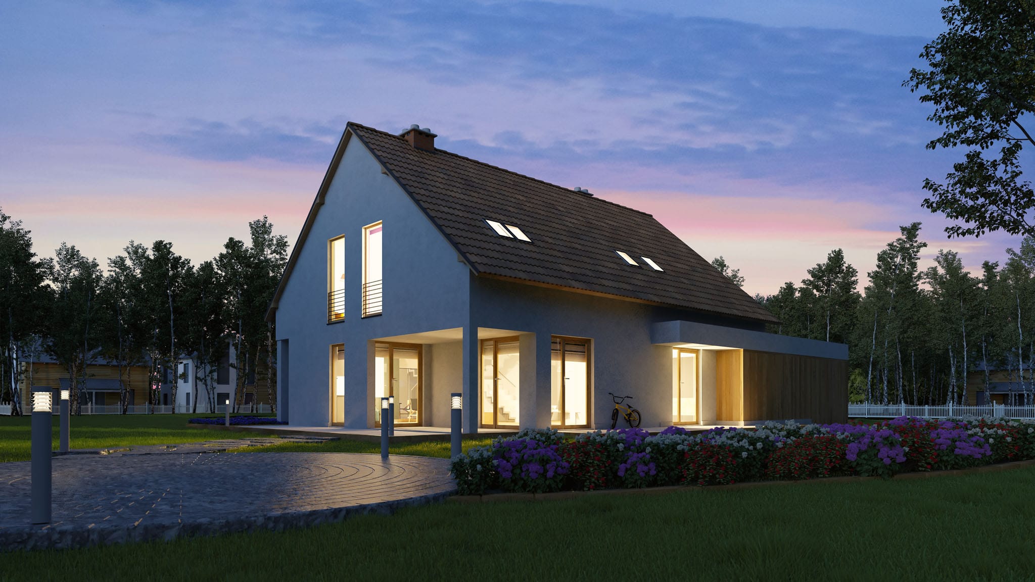 Illuminated family home with garden in the evening in the dark (3D Rendering)